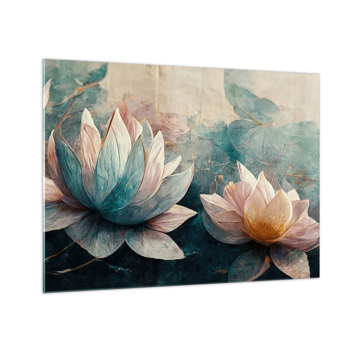Glasbild - Bild auf glas - Künstlerische Darstellung von Lotusblumen vor einem Hintergrund aus Wasserblättern. - 70x50cm - Seesterne - Moderne Wanddekoration für Wohnzimmer und Schlafzimmer ARTTOR