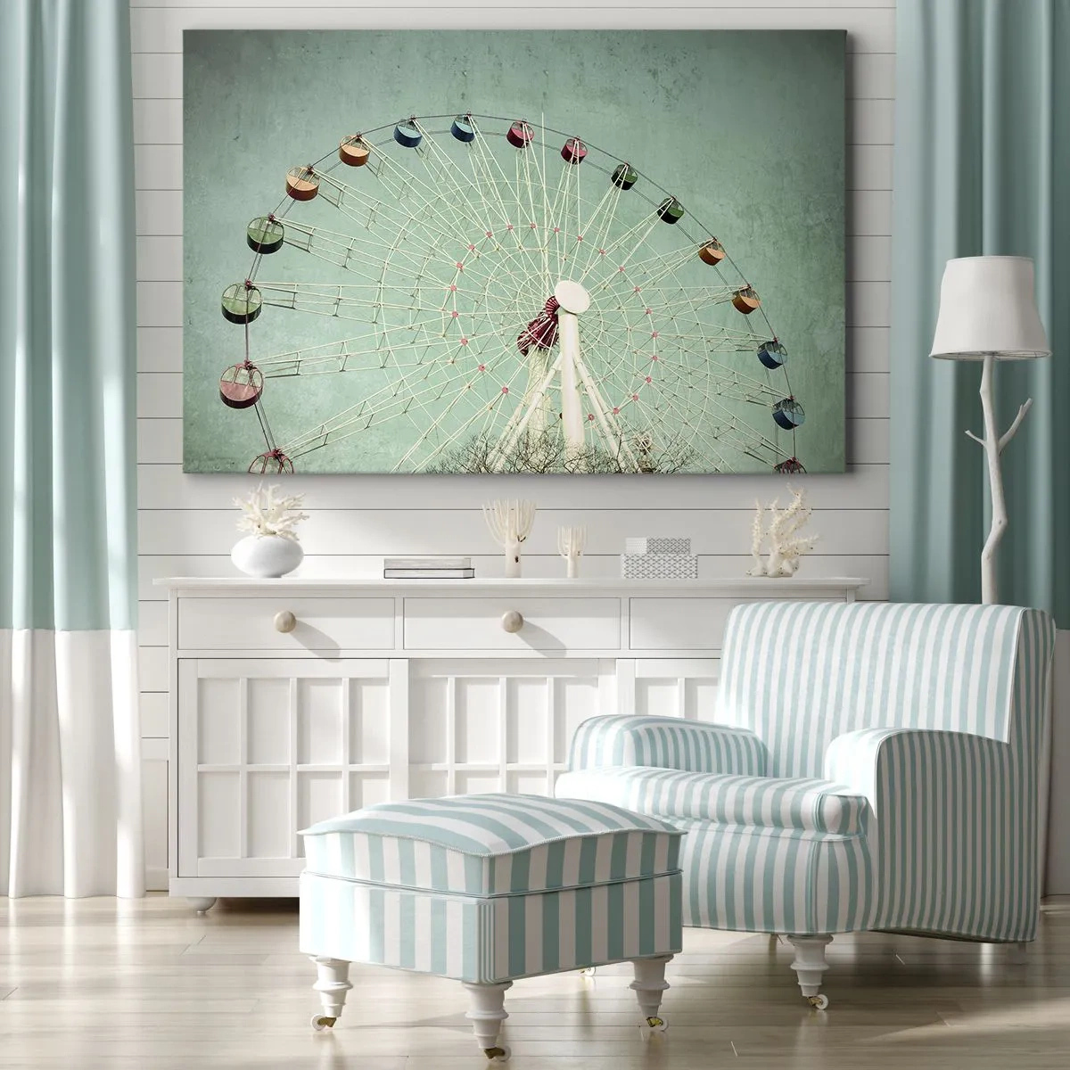 Bild auf Leinwand - Leinwandbild - Ein buntes Riesenrad vor blauem Himmel im Retro-Stil - 70x50cm - Wir laden zum Spiel ein - Moderne Wanddekoration für Wohnzimmer und Schlafzimmer ARTTOR