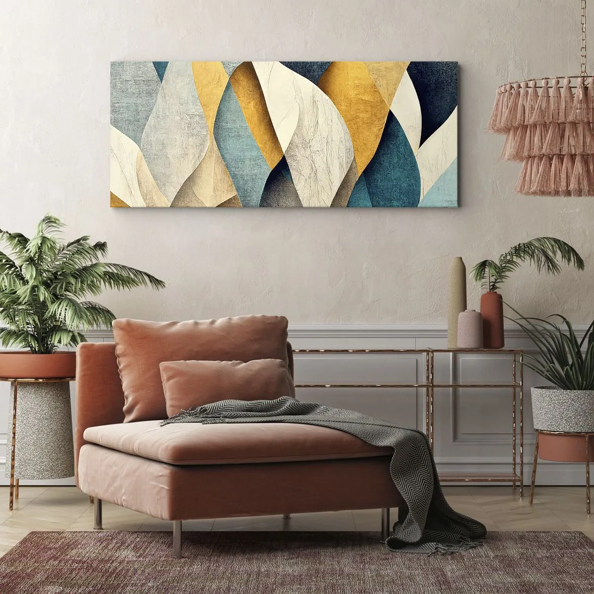 Bild auf Leinwand - Leinwandbild - Abstrakte Wellen in Blau- und Goldtönen - 160x50cm - Rhythmus und Welle - Moderne Wanddekoration für Wohnzimmer und Schlafzimmer ARTTOR