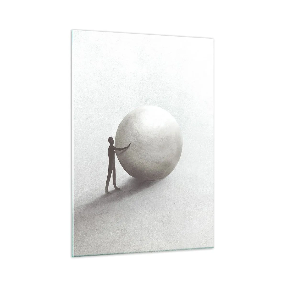 Glasbild - Bild auf glas - Eine minimalistische Silhouette eines Mannes mit einem großen Ball auf hellem Hintergrund. - 50x70cm - Das Spiel des Lebens - Moderne Wanddekoration für Wohnzimmer und Schlafzimmer ARTTOR