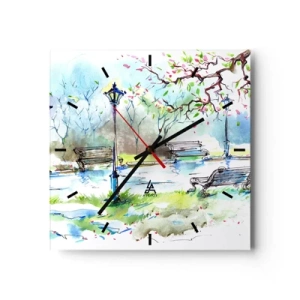 Wanduhr - Glasuhr - Aquarell-Parkszene mit Bänken und Lampen - 30x30cm - Der Zauber der Stille des Parks - Moderne Wanddekoration für Wohnzimmer und Schlafzimmer ARTTOR