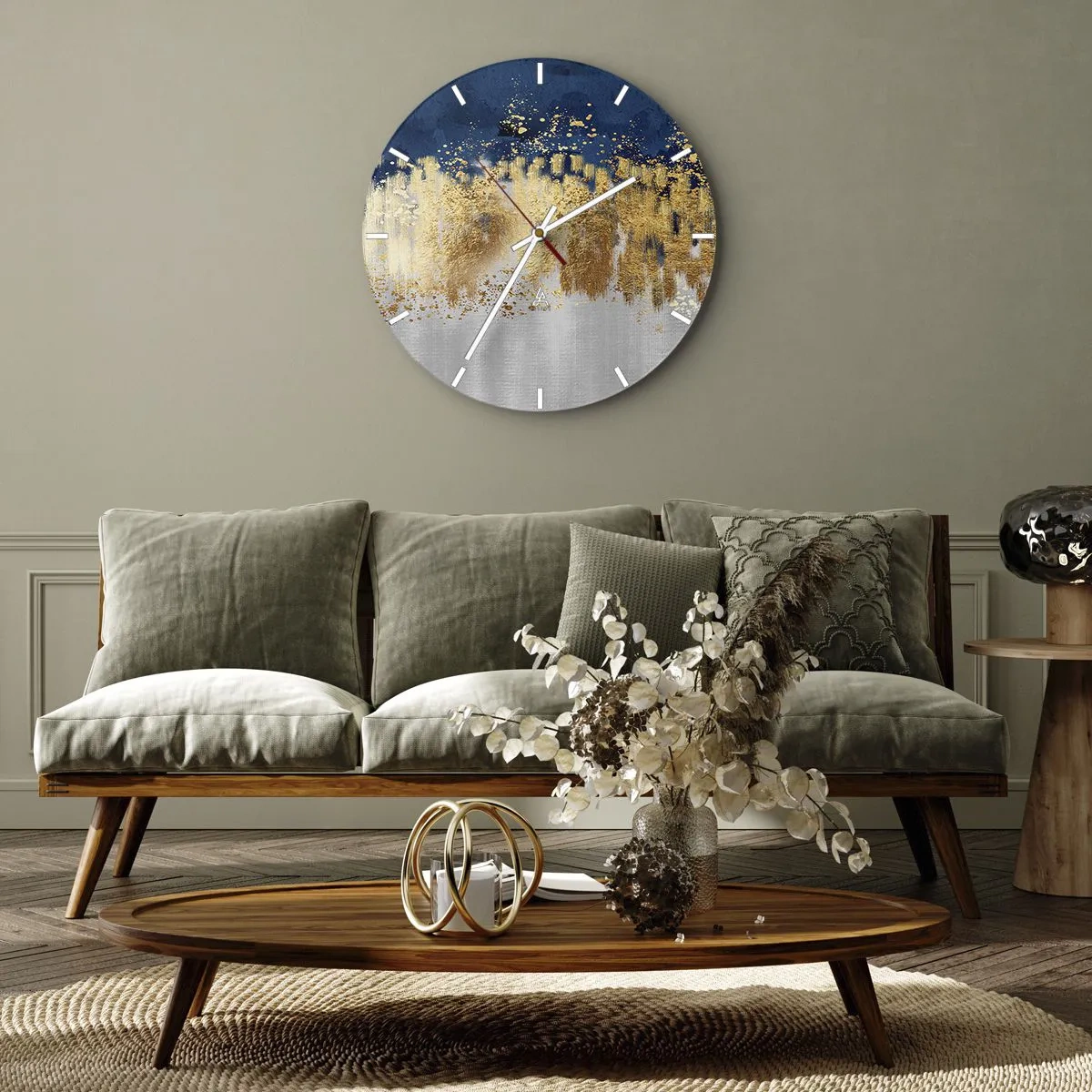 Wanduhr - Glasuhr - Goldene Reflexe und ein blau-silberner Hintergrund im abstrakten Stil - 30x30cm - Moderne Komposition mit Glanz - Moderne Wanddekoration für Wohnzimmer, Küche und Schlafzimmer ARTTOR