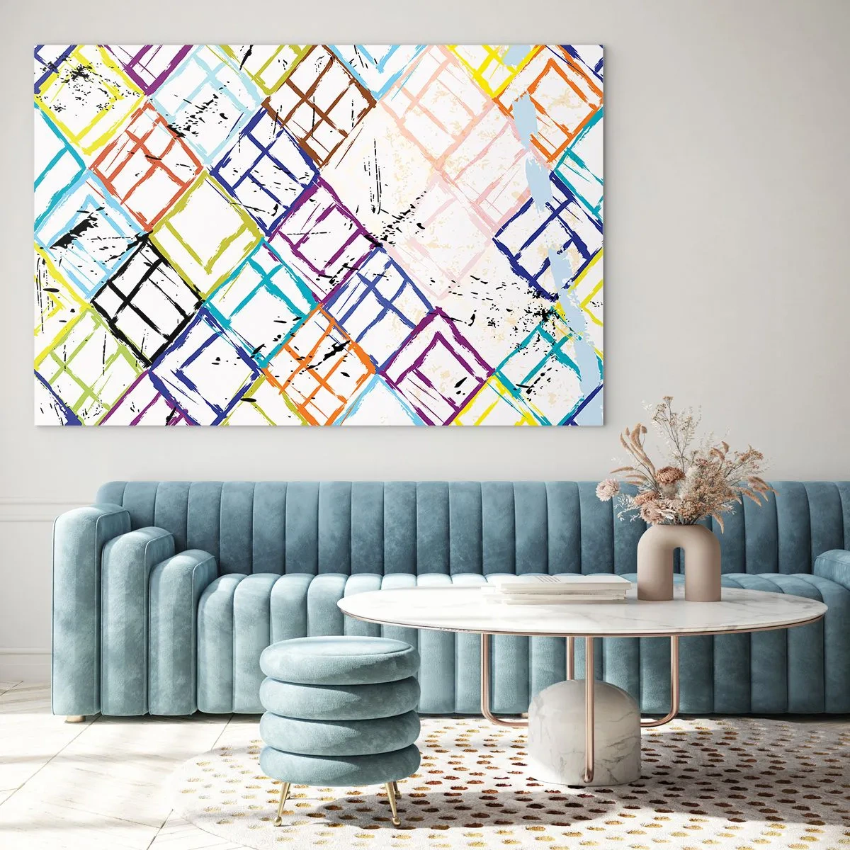 Glasbild - Bild auf glas - Abstraktes Muster mit bunten Rauten - 70x50cm - Zellen zu vermieten - Moderne Wanddekoration für Wohnzimmer und Schlafzimmer ARTTOR