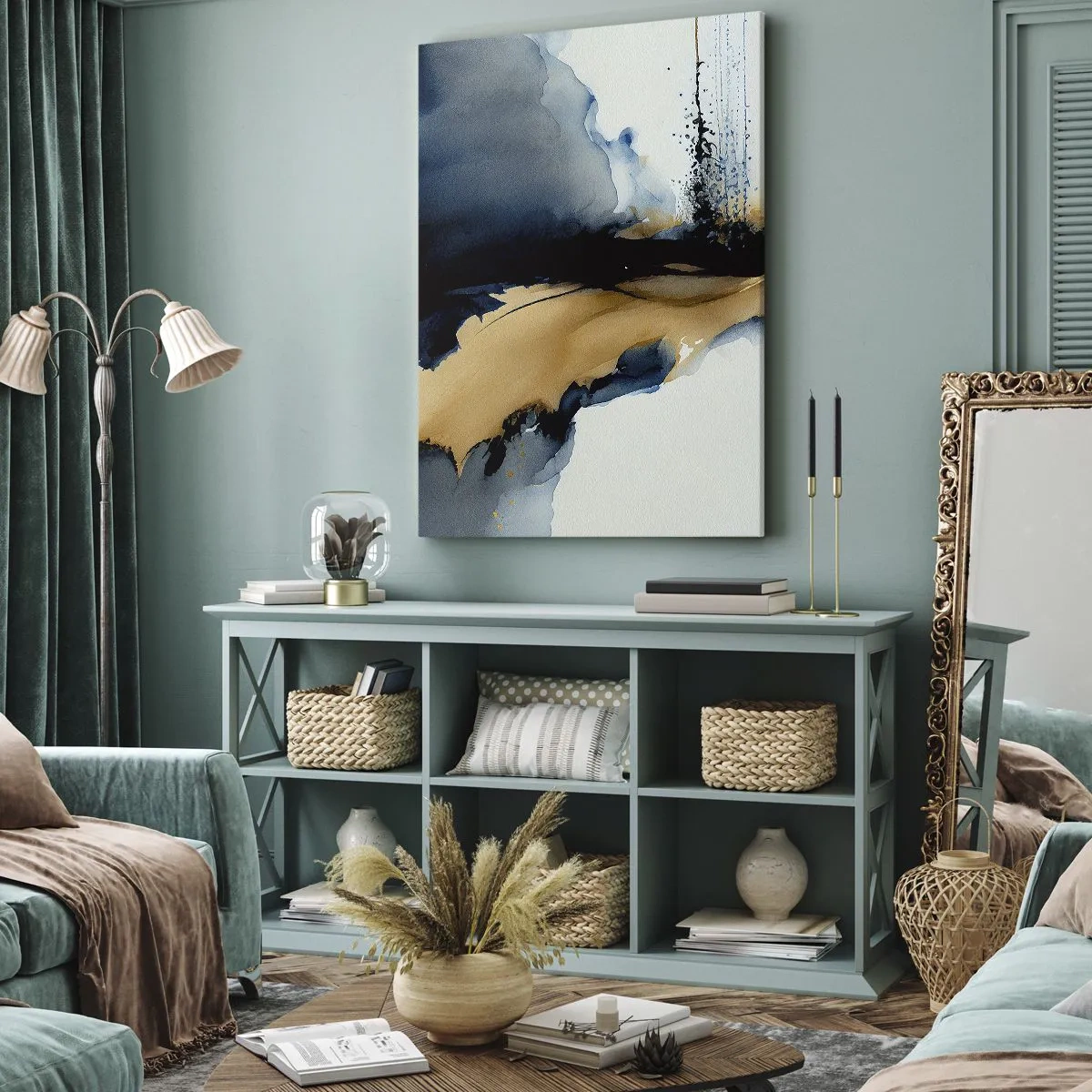 Bild auf Leinwand - Leinwandbild - Eine abstrakte Komposition in Marineblau- und Goldtönen - 50x70cm - Hinter dem Vorhang - Moderne Wanddekoration für Wohnzimmer und Schlafzimmer ARTTOR