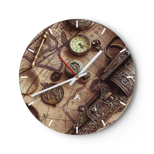 Wanduhr - Glasuhr - Eine stilisierte Karte mit Kompass, Münzen und verzierten Waffen. - 30x30cm - Das Abenteuer ruft - Moderne Wanddekoration für Wohnzimmer, Küche und Schlafzimmer ARTTOR