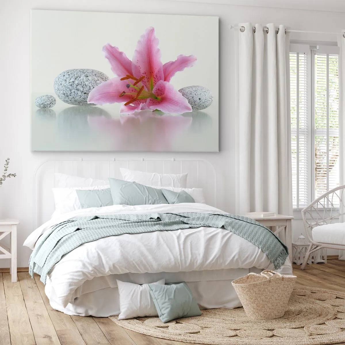 Bild auf Leinwand - Leinwandbild - Rosa Lilienblüte mit Steinen auf hellem Hintergrund - 70x50cm - Eine Studie in Pink, Grau und Weiß - Moderne Wanddekoration für Wohnzimmer und Schlafzimmer ARTTOR