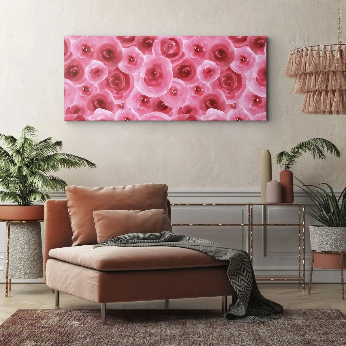 Bild auf Leinwand - Leinwandbild - Zarte Rosen in pastelligen Rosatönen - 120x50cm - Oben und unten Rosen - Moderne Wanddekoration für Wohnzimmer und Schlafzimmer ARTTOR
