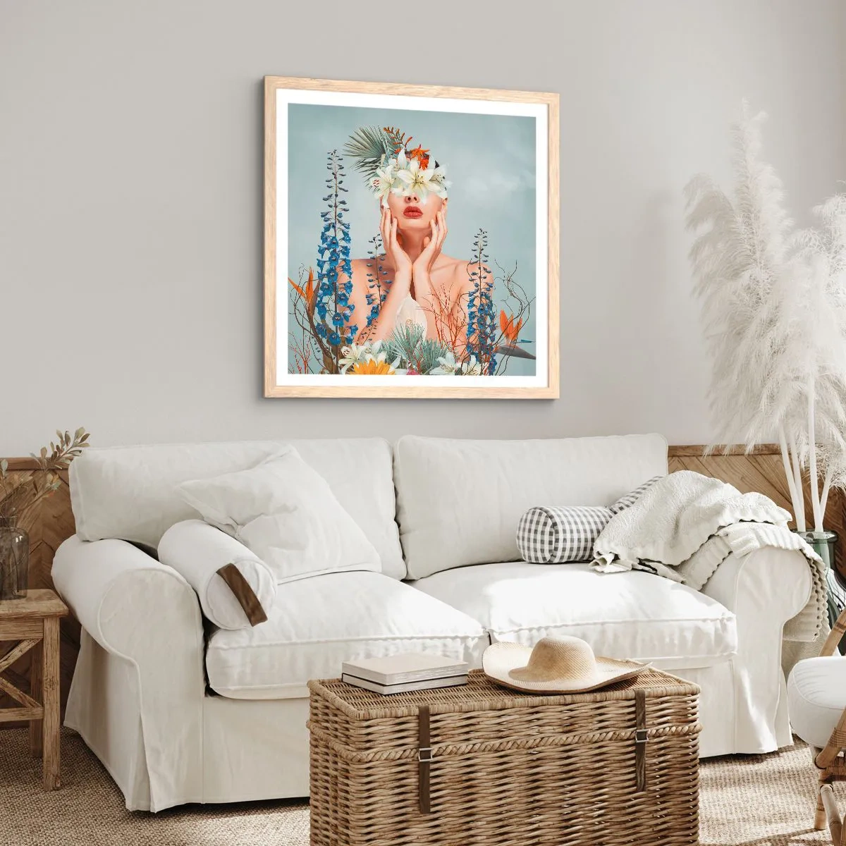 Poster in einem Rahmen aus heller Eiche - Frau - Blume - 50x50 cm