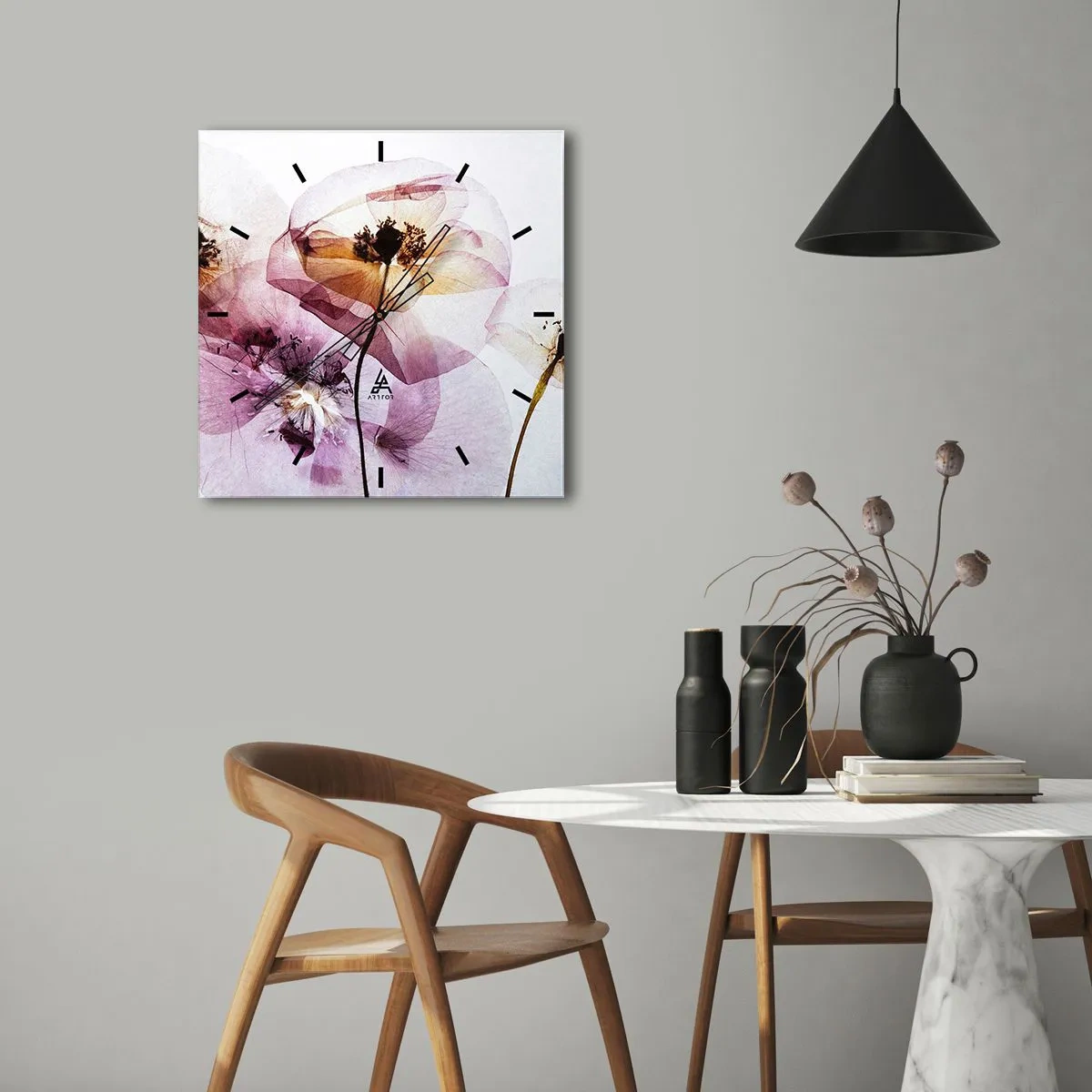 Wanduhr - Glasuhr - Transparente Körperblumen - 40x40 cm