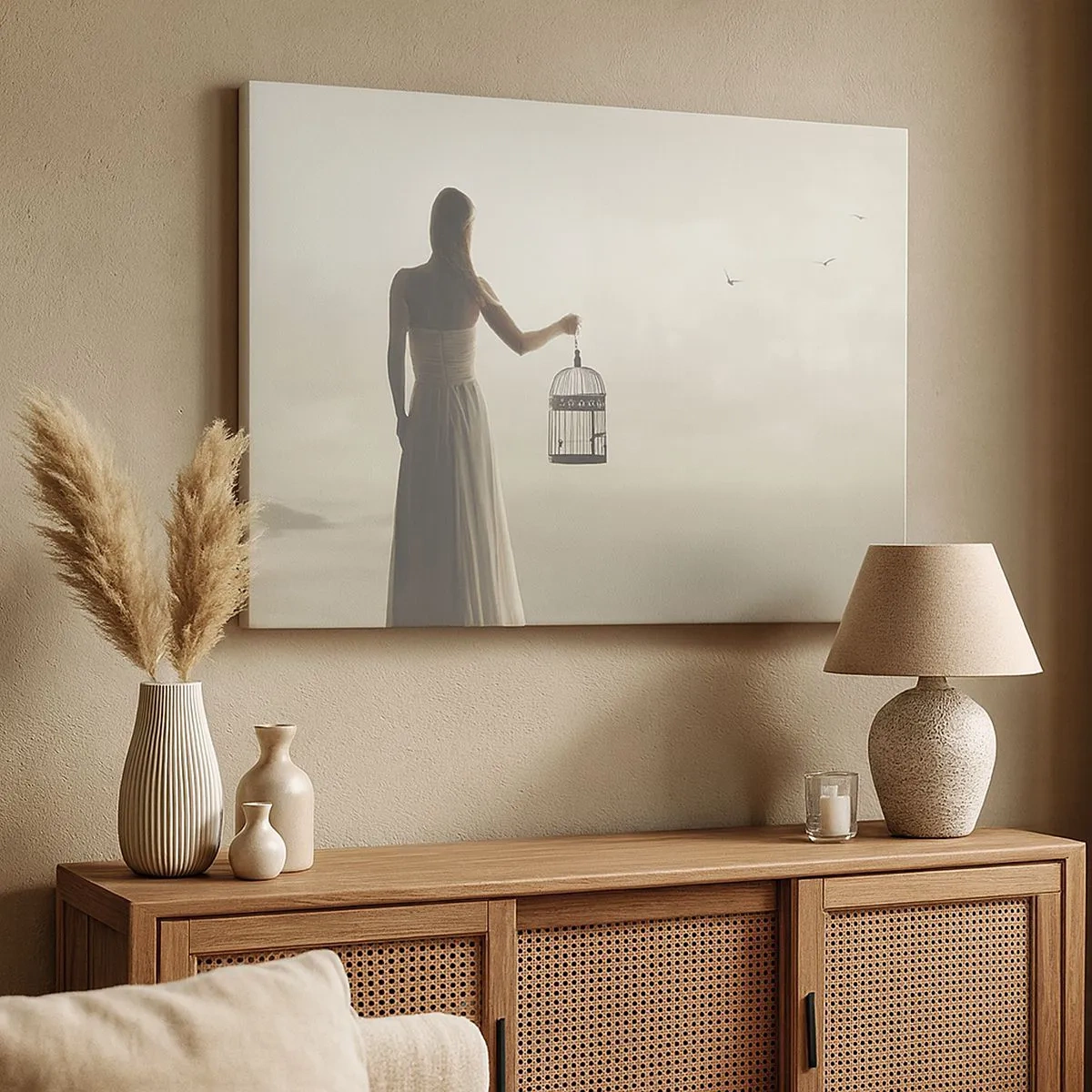 Bild auf Leinwand - Leinwandbild - Eine Frau mit einem Käfig vor einem ruhigen Himmel - 70x50cm - Sei frei - Moderne Wanddekoration für Wohnzimmer und Schlafzimmer ARTTOR