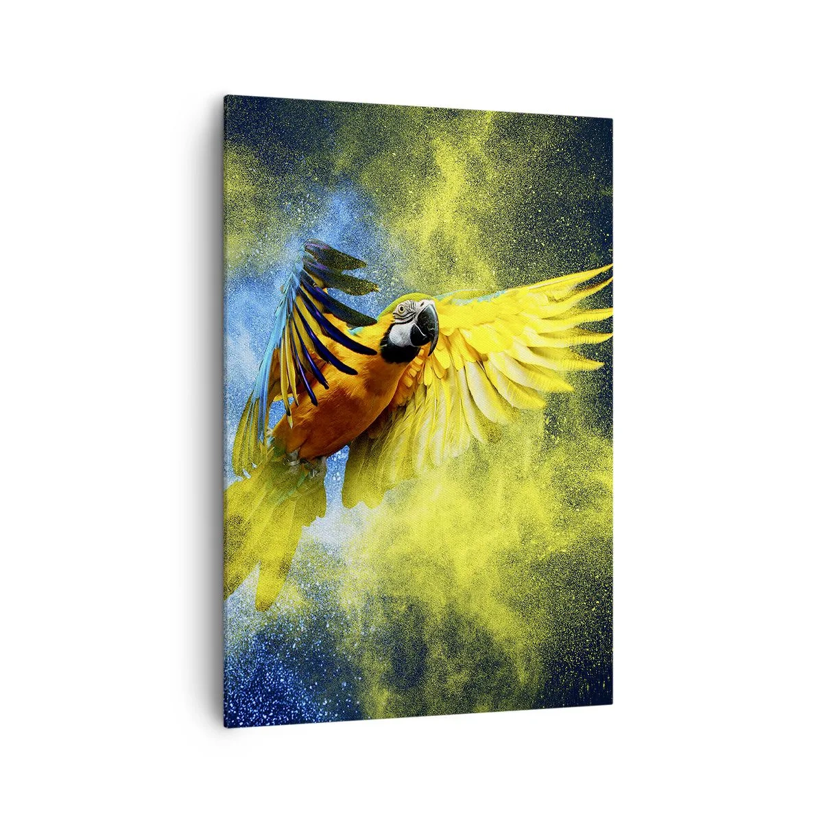 Bild auf Leinwand - Leinwandbild - Ein Papagei im Flug vor einem Hintergrund aus farbenfrohen Explosionen in Gelb und Blau. - 70x100cm - Im blauen und goldenen Staub - Moderne Wanddekoration für Wohnzimmer und Schlafzimmer ARTTOR
