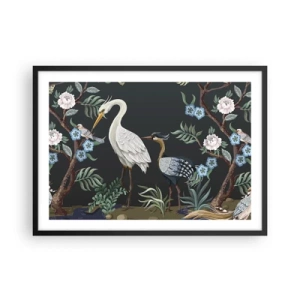 Poster in einem schwarzem Rahmen - Gemalte Vögel und Pflanzen auf dunklem Hintergrund mit elegantem Muster - 70x50cm - Vogelparade - Moderne Wanddekoration für Wohnzimmer und Schlafzimmer ARTTOR