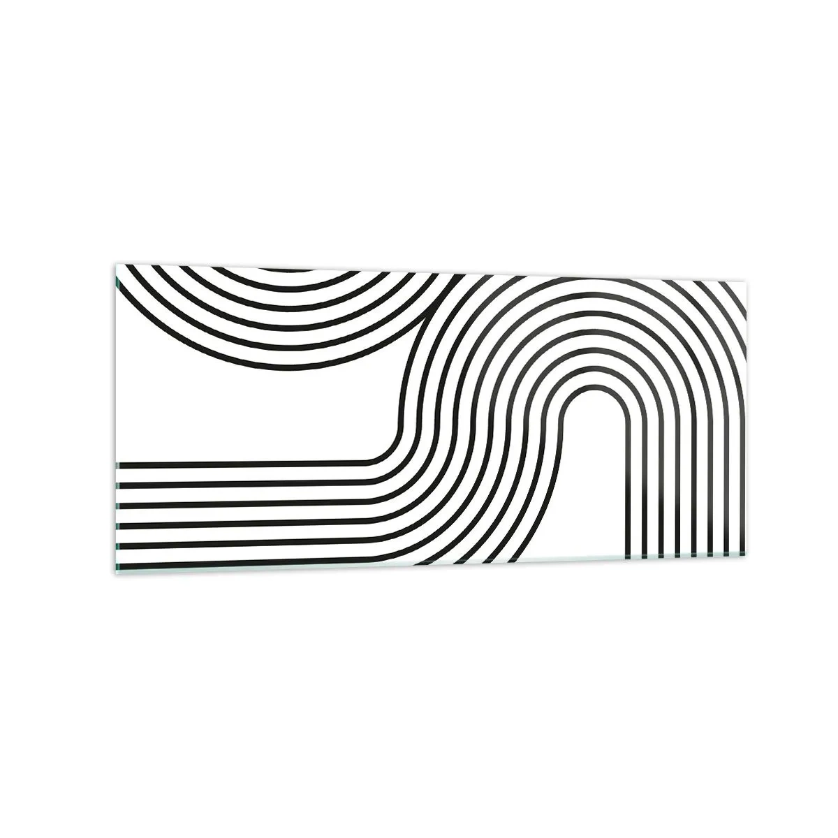 Glasbild - Bild auf glas - Ein abstraktes Gemälde mit schwarzen Linien, die geometrische Muster auf weißem Hintergrund erzeugen. - 120x50cm - An der Kurve - Moderne Wanddekoration für Wohnzimmer und Schlafzimmer ARTTOR