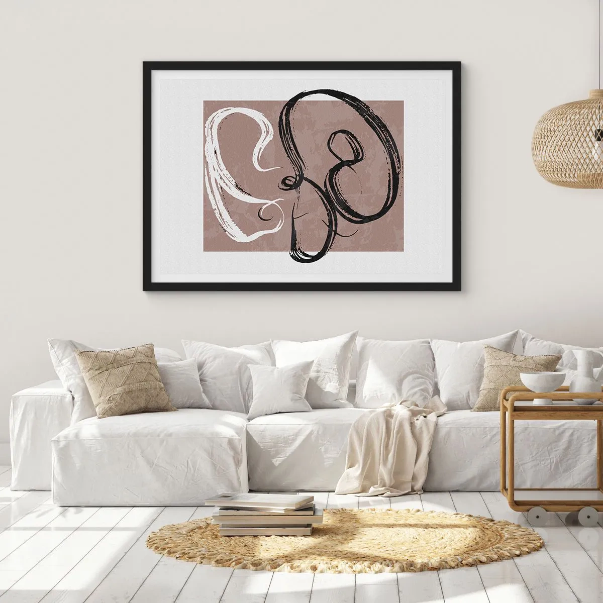 Poster in einem schwarzem Rahmen - Schwarz-weiße Abstraktion auf beigem Hintergrund - 100x70cm - Komposition – die Suche nach Fülle - Moderne Wanddekoration für Wohnzimmer und Schlafzimmer ARTTOR