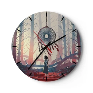 Wanduhr - Glasuhr - Eine Gestalt im Wald betrachtet einen Traumfänger in einem geheimnisvollen Licht. - 30x30cm - Geheimes Glücksritual - Moderne Wanddekoration für Wohnzimmer, Küche und Schlafzimmer ARTTOR