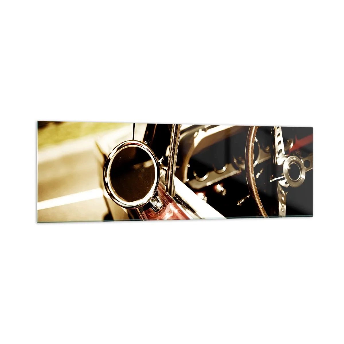 Glasbild - Bild auf glas - Nahaufnahme des Spiegels und des Innenraums eines klassischen Retro-Autos - 160x50cm - Ein Auto mit Seele - Moderne Wanddekoration für Wohnzimmer und Schlafzimmer ARTTOR