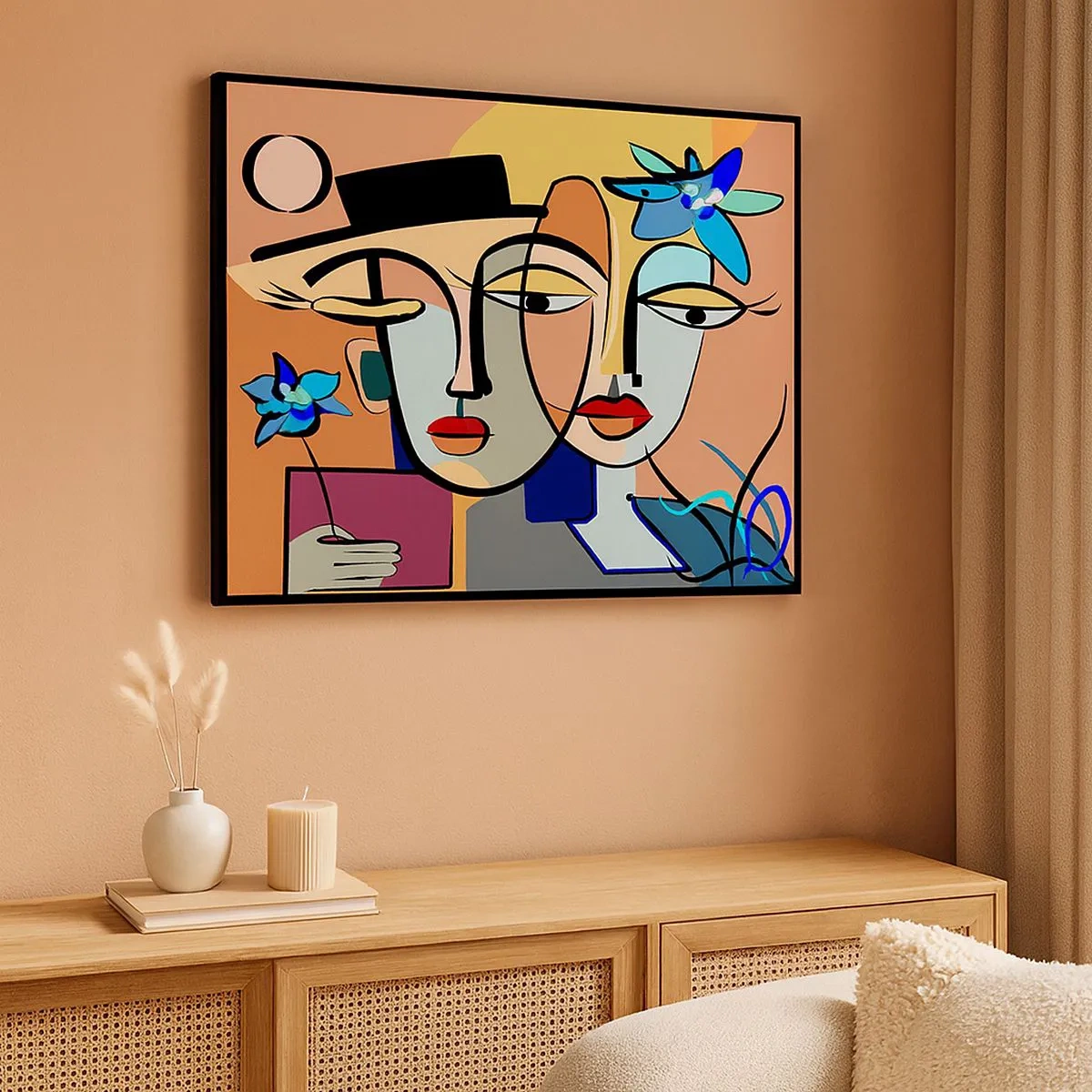 Bild auf Leinwand - Leinwandbild - Kubistische Porträts in leuchtenden Farben mit floralem Motiv - 70x50cm - Picassos randez vous - Moderne Wanddekoration für Wohnzimmer und Schlafzimmer ARTTOR