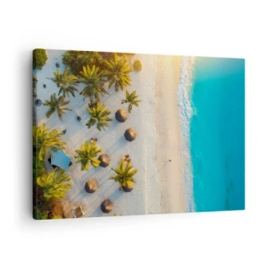 Bild auf Leinwand - Leinwandbild - Blick auf einen tropischen Strand mit Palmen und türkisfarbenem Meer - 70x50cm - Willkommen im Paradies - Moderne Wanddekoration für Wohnzimmer und Schlafzimmer ARTTOR