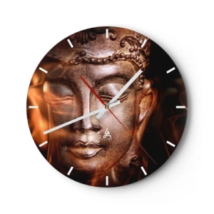 Wanduhr - Glasuhr - Eine goldene Buddha-Skulptur mit sanftem Licht im Hintergrund - 30x30cm - Es existiert nur hier und jetzt - Moderne Wanddekoration für Wohnzimmer, Küche und Schlafzimmer ARTTOR