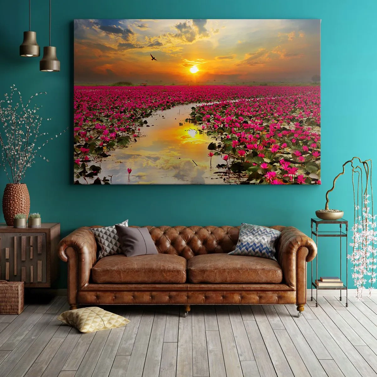 Bild auf Leinwand - Leinwandbild - Ein Feld mit rosa Seerosen bei Sonnenuntergang - 100x70cm - Das geheime Leben des Sees - Moderne Wanddekoration für Wohnzimmer und Schlafzimmer ARTTOR