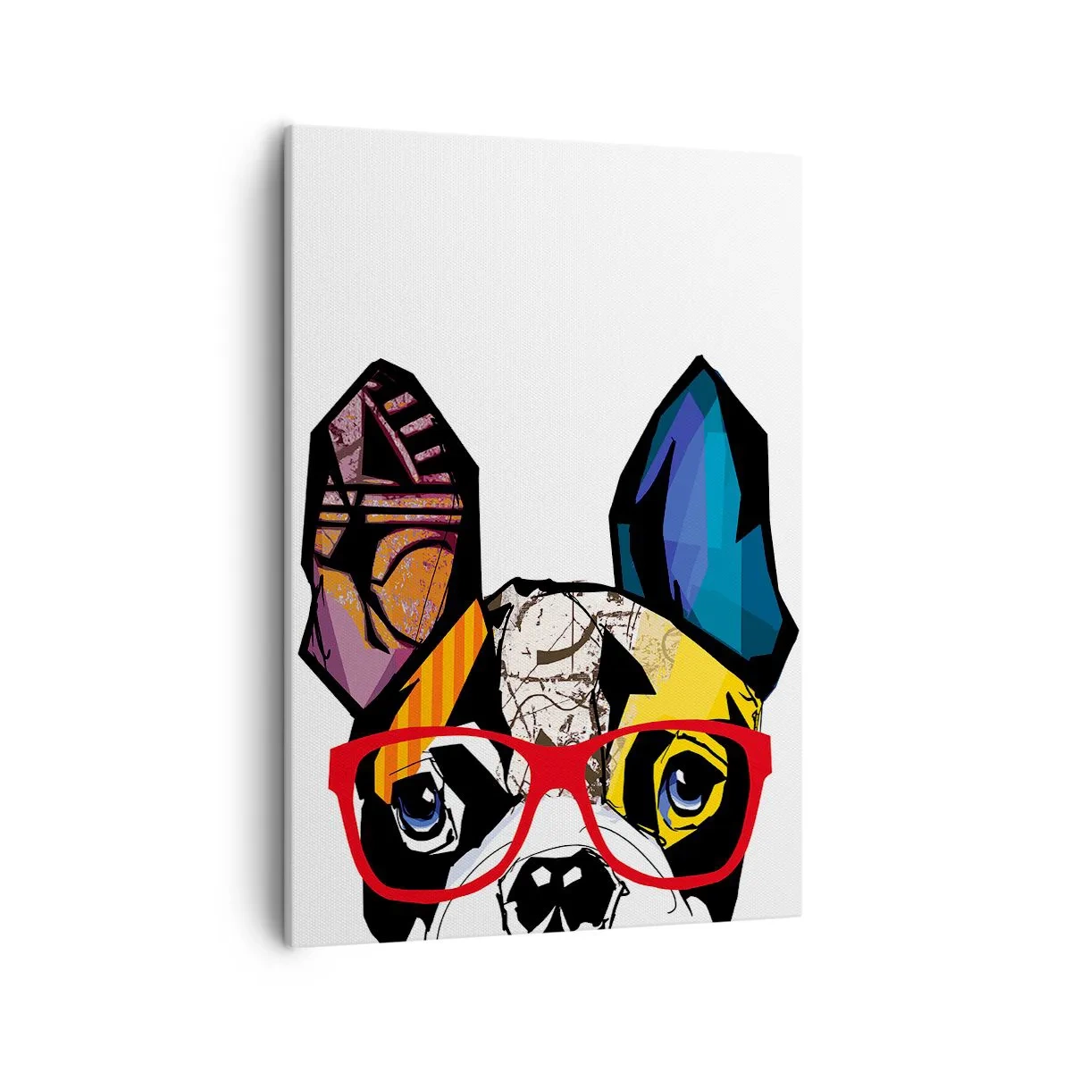 Bild auf Leinwand - Leinwandbild - Bulldogge in einer bunten Illustration mit roter Brille - 50x70cm - Intellektuelle - Moderne Wanddekoration für Wohnzimmer und Schlafzimmer ARTTOR