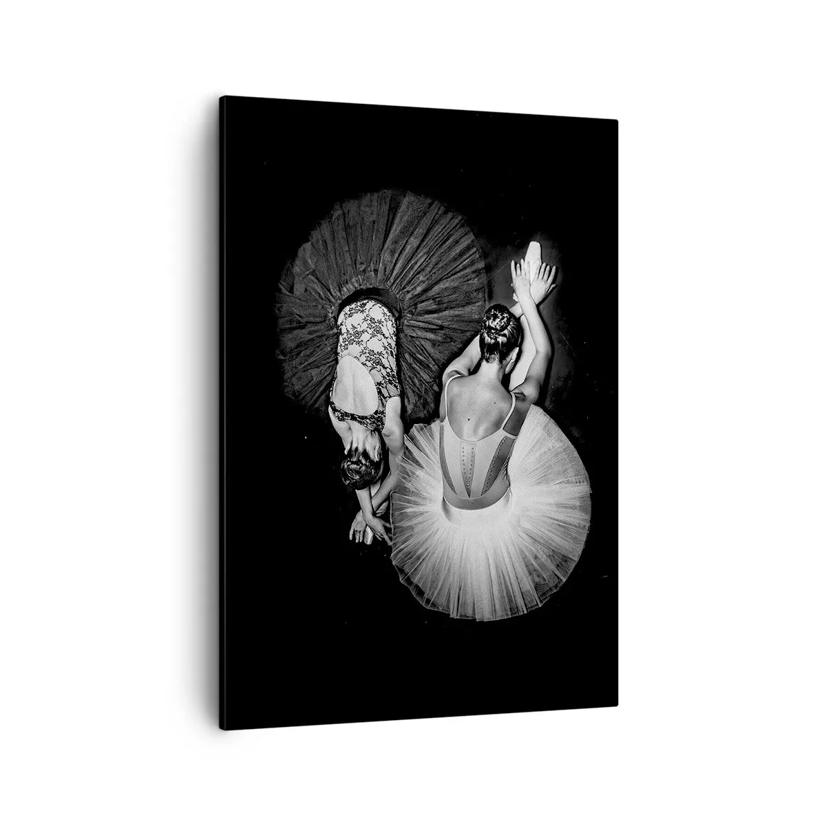 Bild auf Leinwand - Leinwandbild - Ein Schwarzweißbild von zwei Ballerinas in einer dynamischen Pose. - 50x70cm - Jin und Jang – perfekte Balance - Moderne Wanddekoration für Wohnzimmer und Schlafzimmer ARTTOR