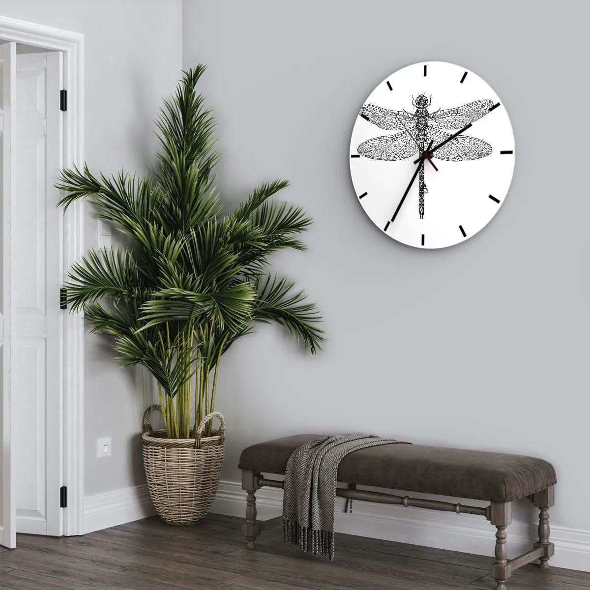 Wanduhr - Glasuhr - Detaillierte Darstellung einer Libelle in schwarz auf weißem Hintergrund - 30x30cm - Präzision der Natur - Moderne Wanddekoration für Wohnzimmer, Küche und Schlafzimmer ARTTOR