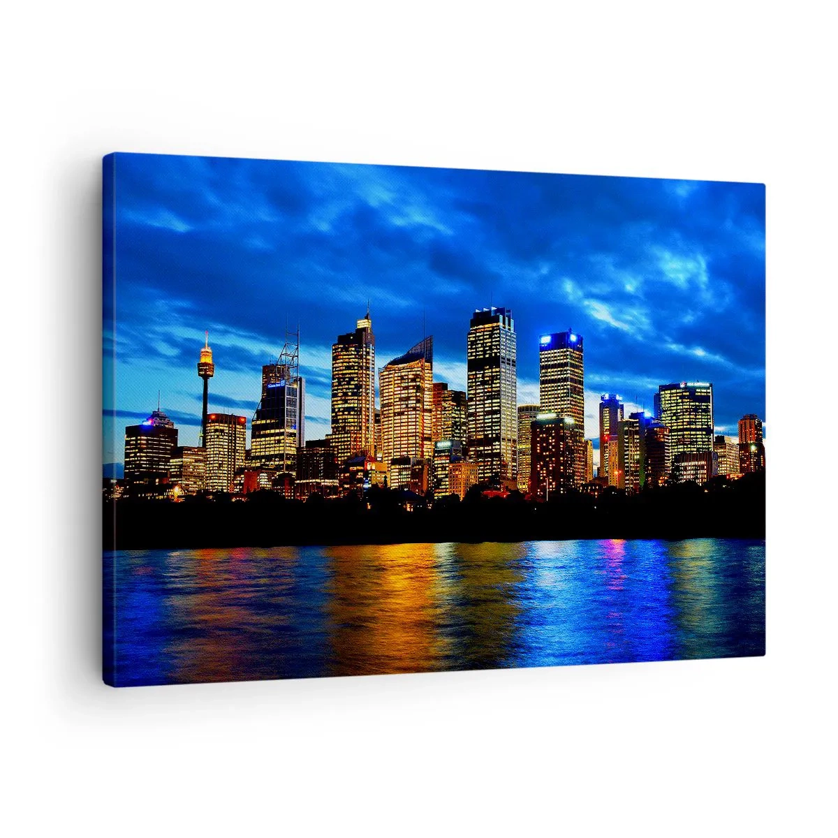 Bild auf Leinwand - Leinwandbild - Panorama der nächtlichen Stadt mit beleuchteten Wolkenkratzern über dem Wasser - 70x50cm - Eine Nacht der Lichter und Farben - Moderne Wanddekoration für Wohnzimmer und Schlafzimmer ARTTOR