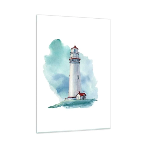 Glasbild - Bild auf glas - Ein Leuchtturm vor einem blauen Aquarellhimmel - 50x70cm - Sanfte Schwester vom Blau - Moderne Wanddekoration für Wohnzimmer und Schlafzimmer ARTTOR