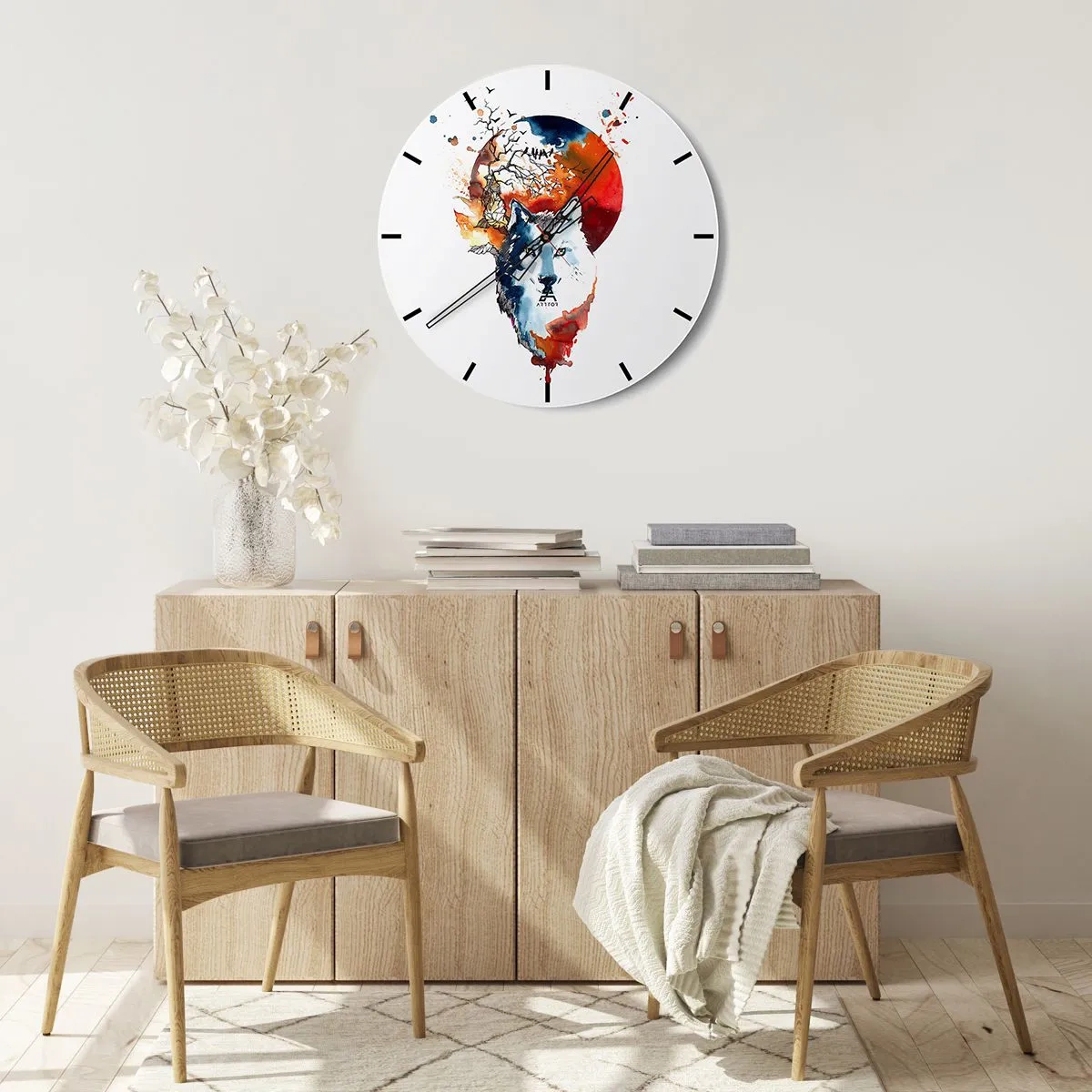 Wanduhr - Glasuhr - Aquarellbild eines Wolfes mit untergehender Sonne im Hintergrund - 30x30cm - Nase an Nase mit der Nacht - Moderne Wanddekoration für Wohnzimmer, Küche und Schlafzimmer ARTTOR