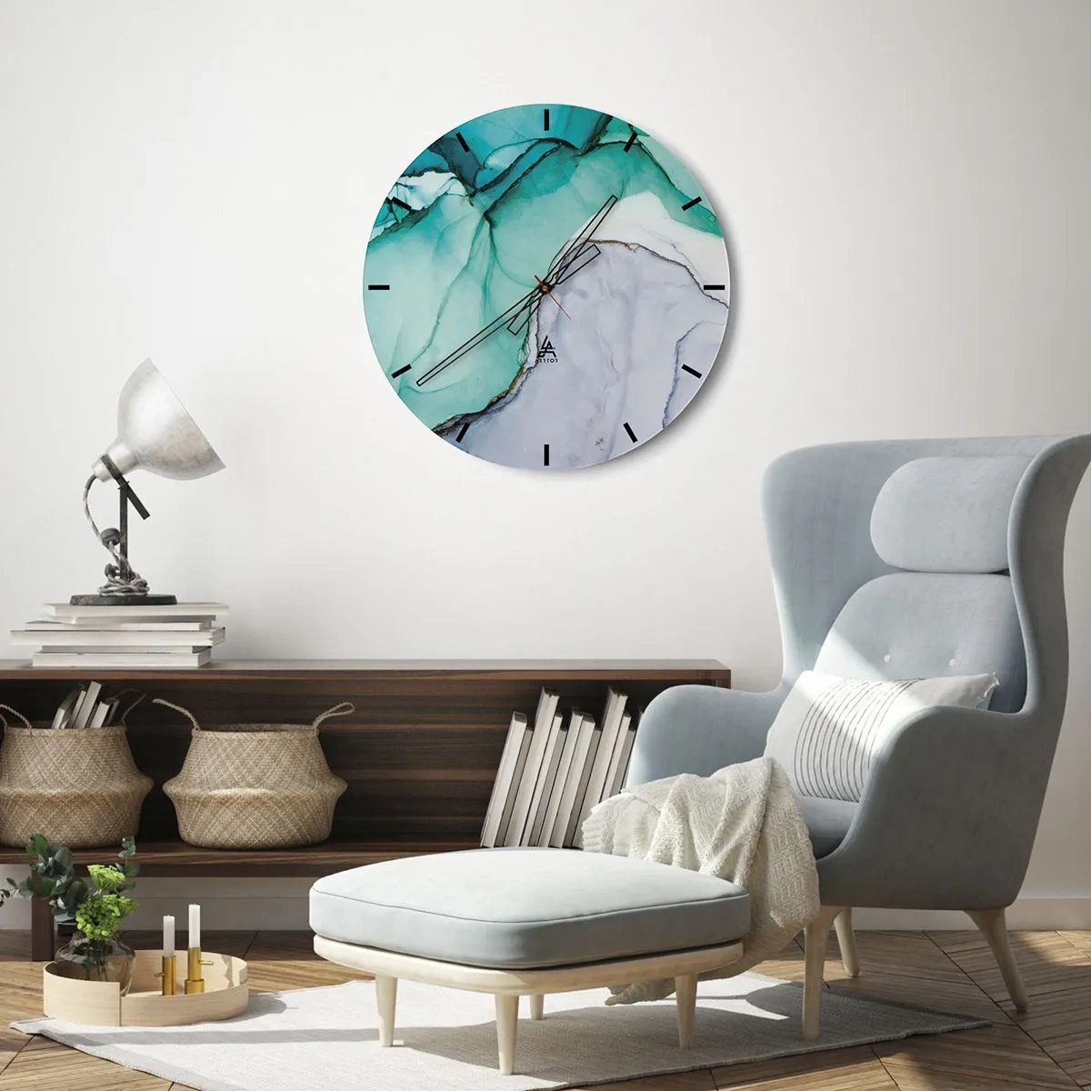 Wanduhr - Glasuhr - Eine abstrakte Form in Türkis und Grau, die an Stein erinnert. - 30x30cm - Eine Studie in Türkis - Moderne Wanddekoration für Wohnzimmer, Küche und Schlafzimmer ARTTOR