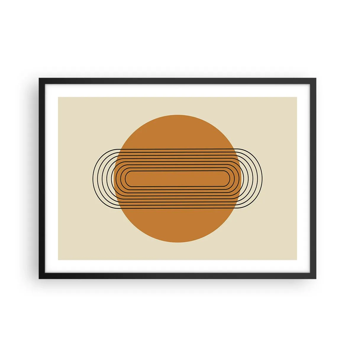 Poster in einem schwarzem Rahmen - Geometrisches Muster mit orangefarbenen Kreisen und Linien - 70x50cm - Perfekter Plan - Moderne Wanddekoration für Wohnzimmer und Schlafzimmer ARTTOR