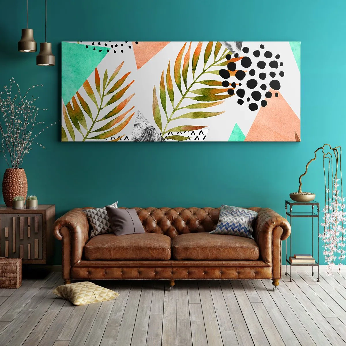 Bild auf Leinwand - Leinwandbild - Tropisches Muster mit Blättern und geometrischen Formen - 120x50cm - Dekoration mit Palmblatt - Moderne Wanddekoration für Wohnzimmer und Schlafzimmer ARTTOR