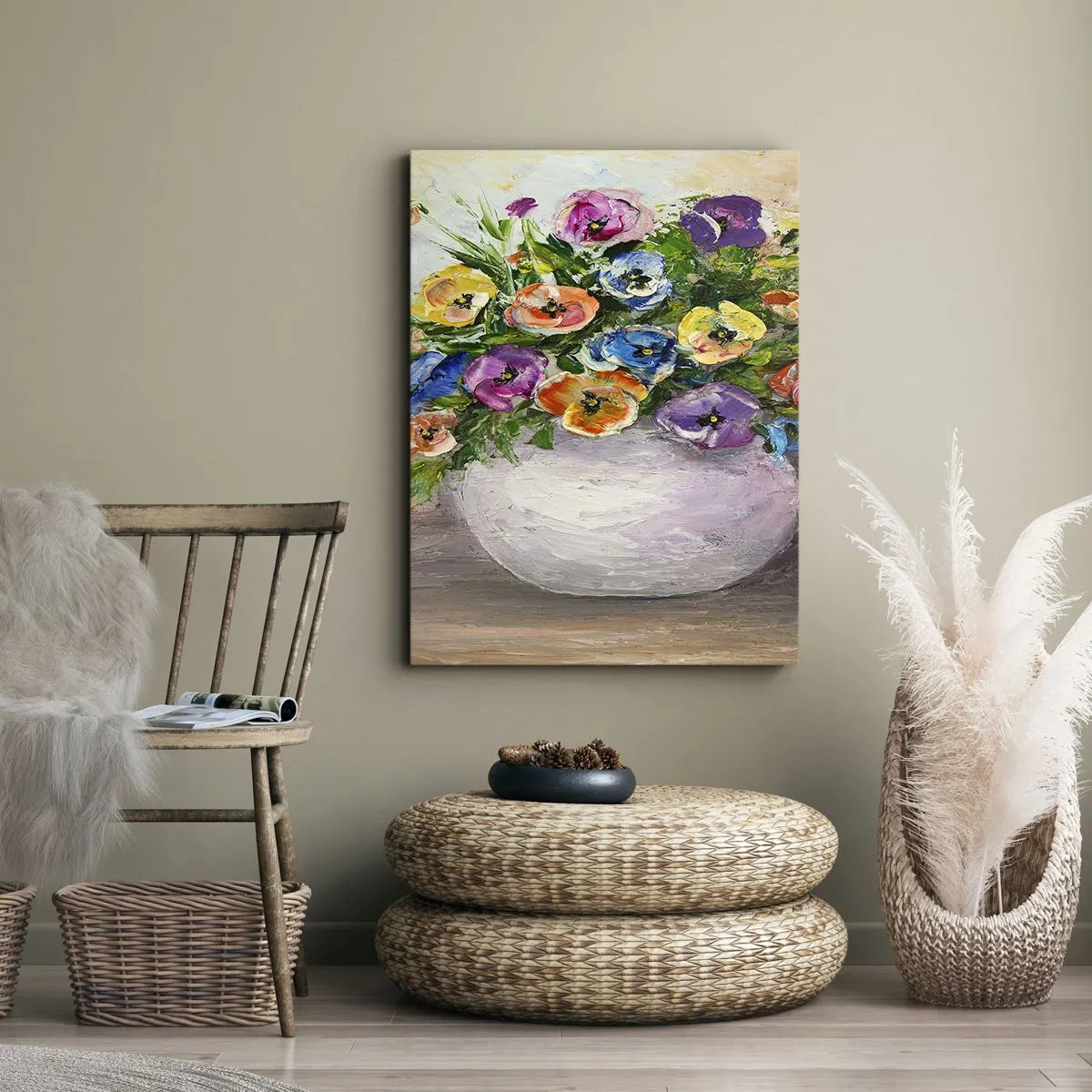 Bild auf Leinwand - Leinwandbild - Ein bunter Blumenstrauß in einer weißen Vase - 50x70cm - Stillleben mit einer weißen Vase - Moderne Wanddekoration für Wohnzimmer und Schlafzimmer ARTTOR