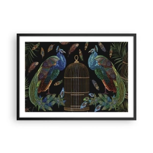 Poster in einem schwarzem Rahmen - Pfauen neben einem goldenen Käfig auf schwarzem Hintergrund - 70x50cm - In königlichen Gewändern - Moderne Wanddekoration für Wohnzimmer und Schlafzimmer ARTTOR
