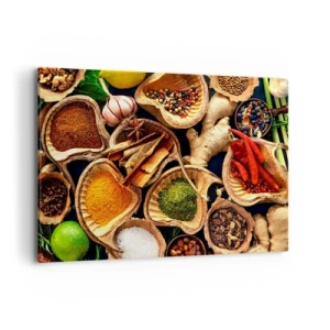 Bild auf Leinwand - Leinwandbild - Schalen mit Gewürzen in verschiedenen Farben - 100x70cm - Nimm was du willst - Moderne Wanddekoration für Wohnzimmer und Schlafzimmer ARTTOR