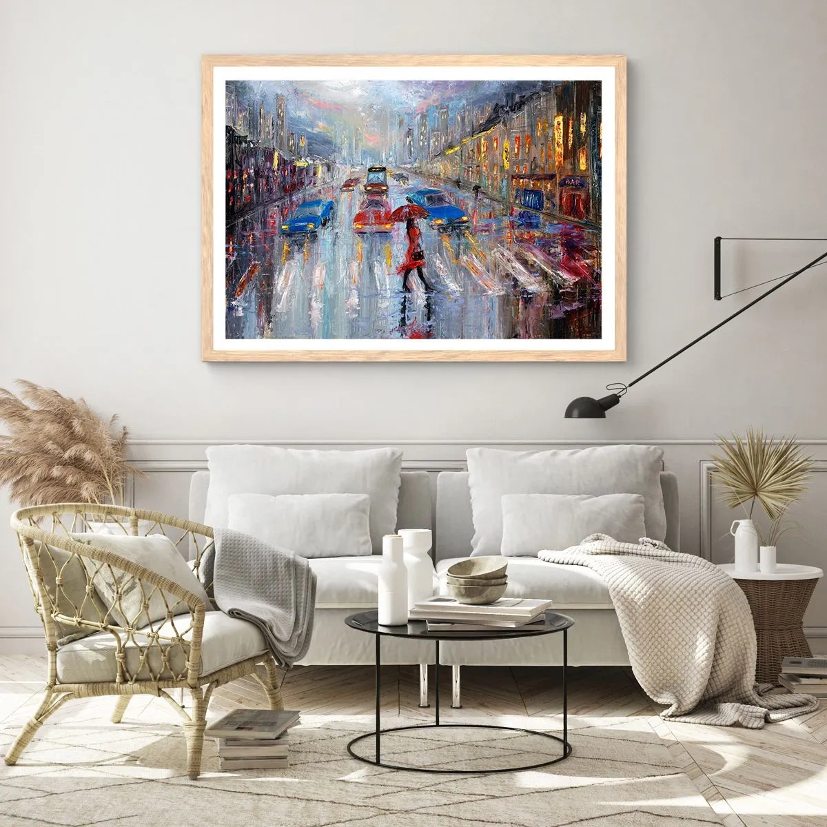 Poster in einem Rahmen aus heller Eiche - Regnerischer Nachmittag in der Stadt - 100x70 cm