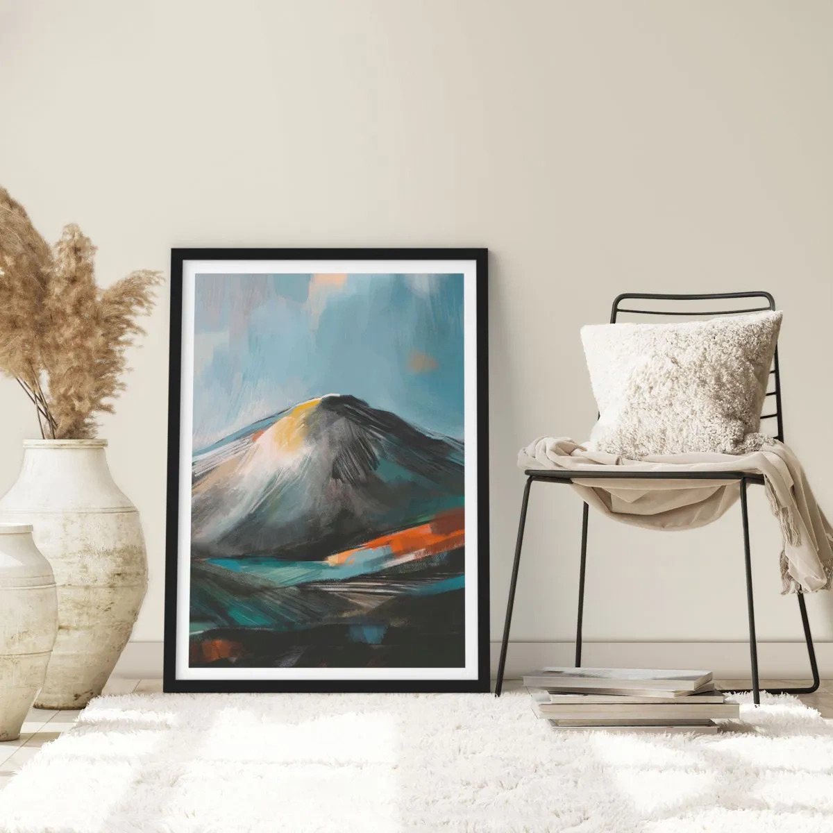 Poster in einem schwarzem Rahmen - Abstrakte Berglandschaft in Marineblau- und Orangetönen - 50x70cm - Roh und schön - Moderne Wanddekoration für Wohnzimmer und Schlafzimmer ARTTOR