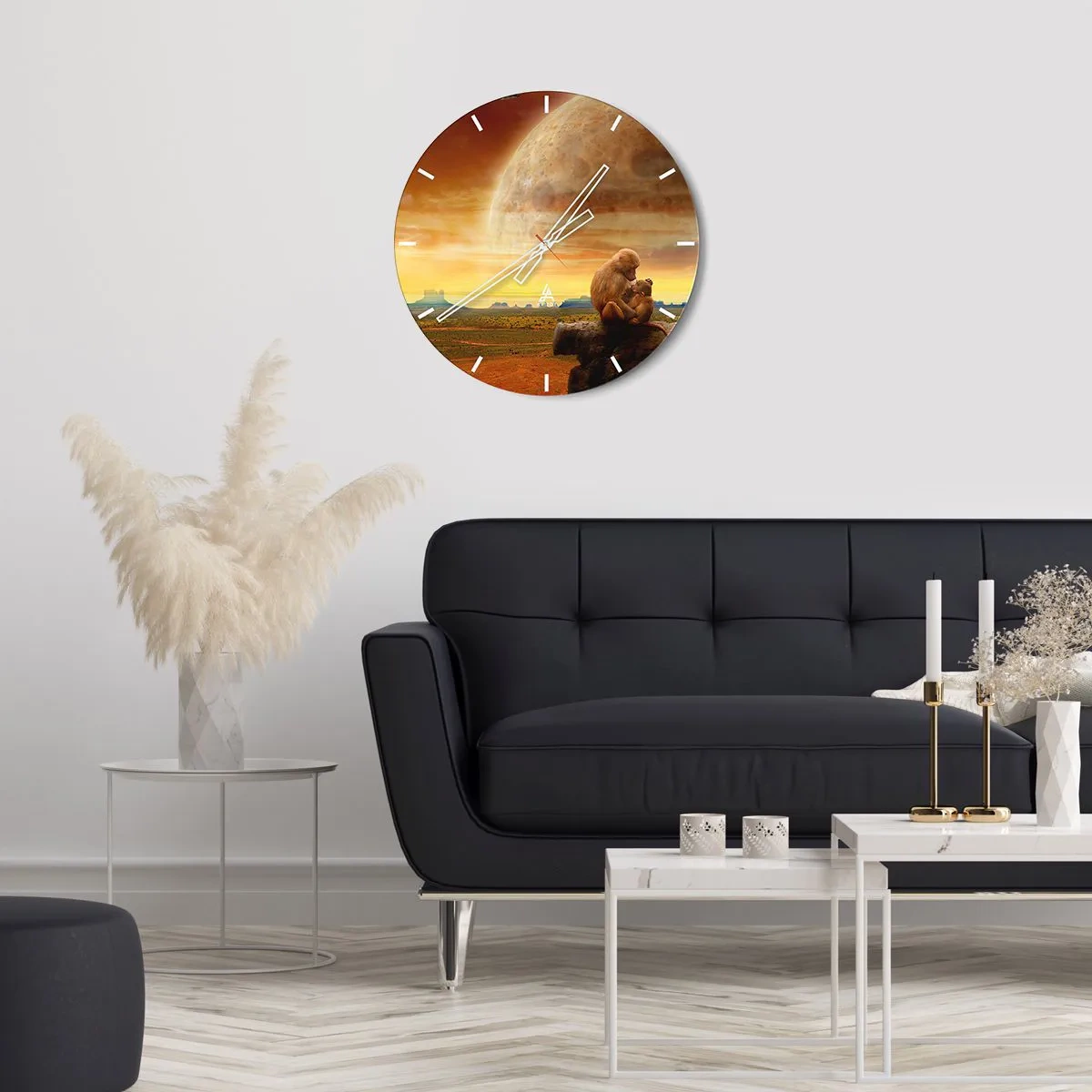 Wanduhr - Glasuhr - Affen in einer kosmischen Landschaft mit einem riesigen Mond im Hintergrund - 30x30cm - Die Liebe ist überall gleich - Moderne Wanddekoration für Wohnzimmer, Küche und Schlafzimmer ARTTOR