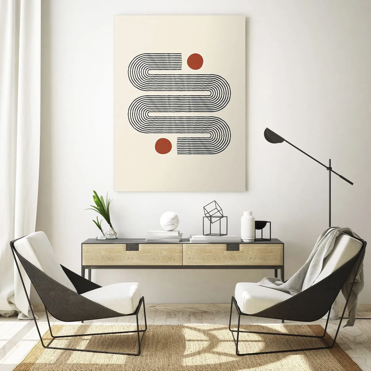 Glasbild - Bild auf glas - Geometrisches Muster mit Linien und orangefarbenen Kreisen - 70x100cm - Vom Anfang bis zum Ende - Moderne Wanddekoration für Wohnzimmer und Schlafzimmer ARTTOR