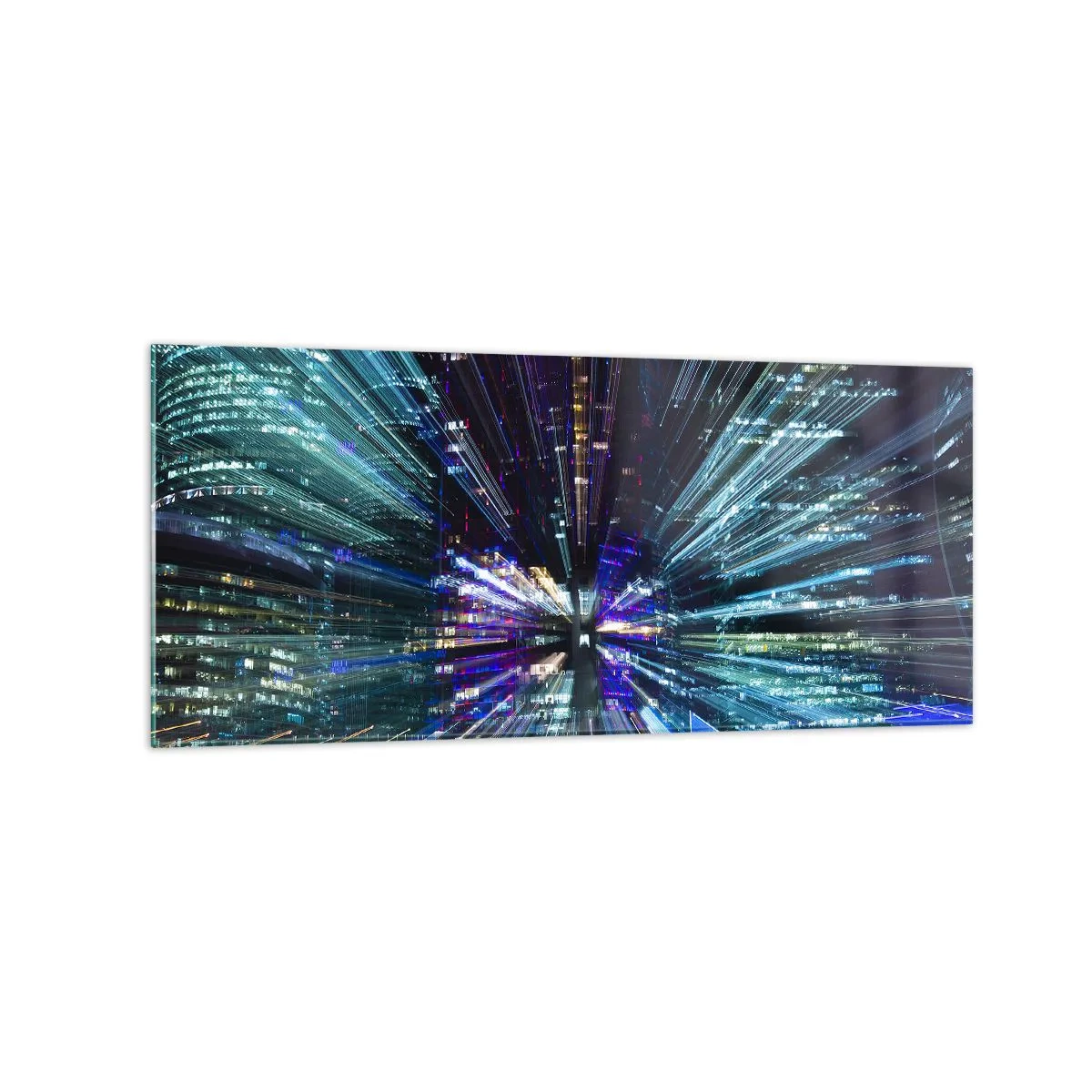Glasbild - Bild auf glas - Dynamische Ansicht der Stadt bei Nacht mit Lichteffekt - 120x50cm - Übergang zum Hyperraum - Moderne Wanddekoration für Wohnzimmer und Schlafzimmer ARTTOR