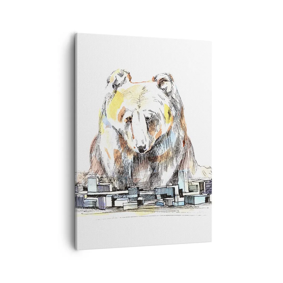 Bild auf Leinwand - Leinwandbild - Illustration eines Bären mit bunten Details und Blöcken - 50x70cm - Wie kann man so leben? - Moderne Wanddekoration für Wohnzimmer und Schlafzimmer ARTTOR