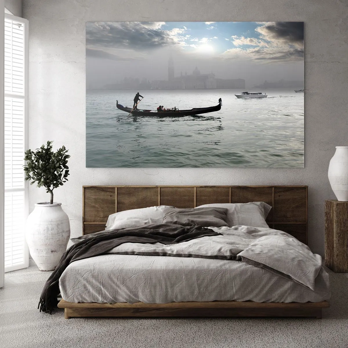Glasbild - Bild auf glas - Gondel auf den Gewässern von Venedig an einem nebligen Morgen - 70x50cm - Eine fabelhafte Stadt aus Wasser und Nebel - Moderne Wanddekoration für Wohnzimmer und Schlafzimmer ARTTOR