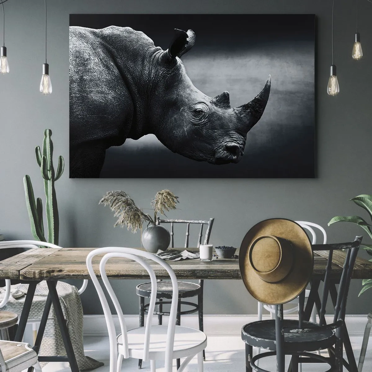 Bild auf Leinwand - Leinwandbild - Schwarz-Weiß-Porträt eines Nashorns vor dunklem Hintergrund - 70x50cm - Richtiges Profil - Moderne Wanddekoration für Wohnzimmer und Schlafzimmer ARTTOR
