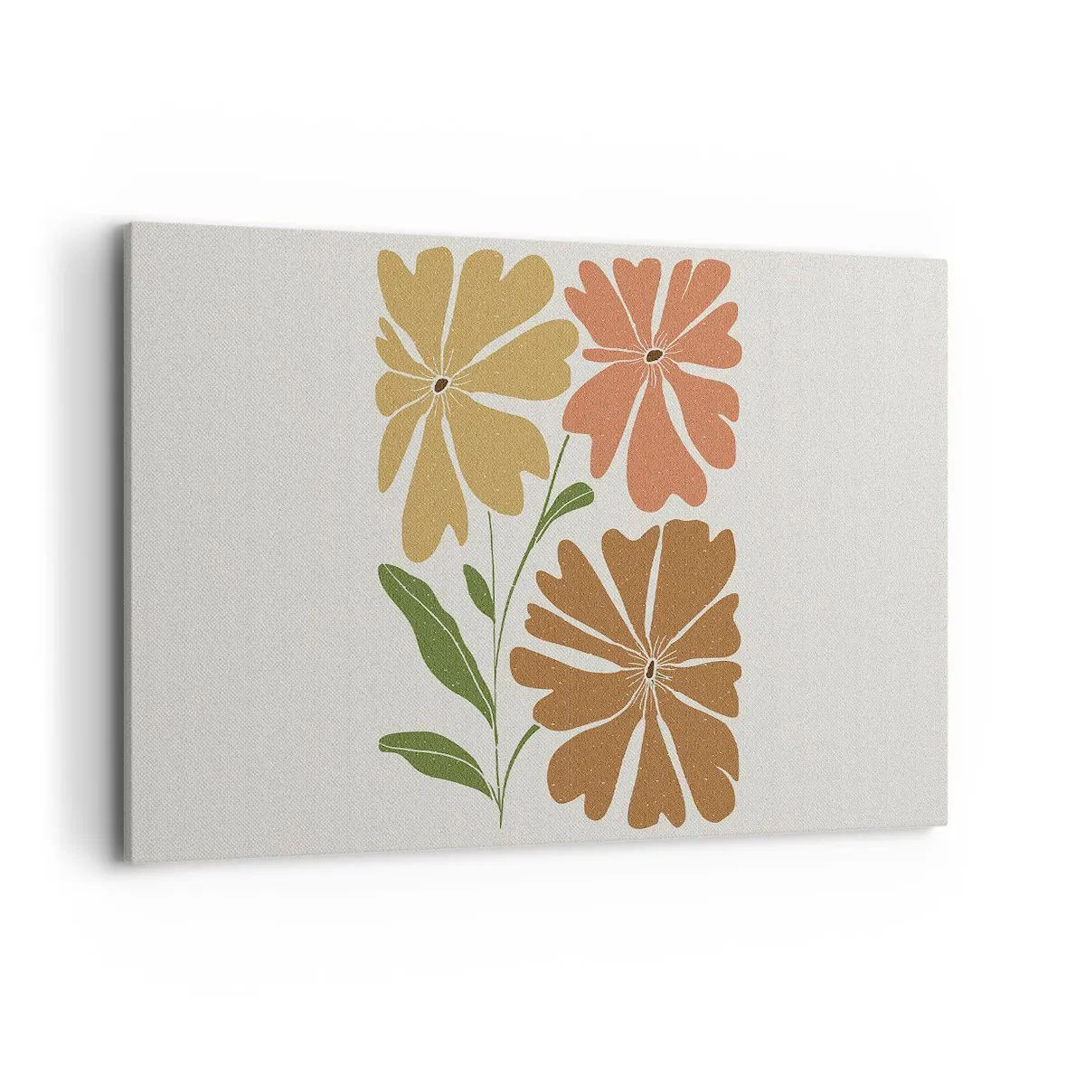 Bild auf Leinwand - Leinwandbild - Drei Blumen in warmen Farben auf hellem Hintergrund - 120x80cm - Natur und Geometrie - Moderne Wanddekoration für Wohnzimmer und Schlafzimmer ARTTOR
