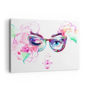 Bild auf Leinwand - Leinwandbild - Aquarellgesicht mit bunten Gläsern und Blumen - 100x70cm - Ein verlockendes Versprechen - Moderne Wanddekoration für Wohnzimmer und Schlafzimmer ARTTOR