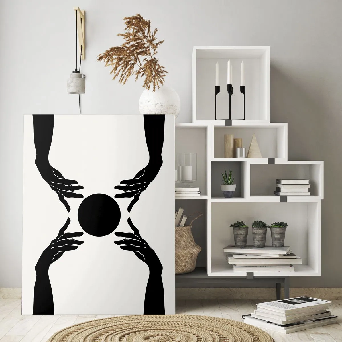 Glasbild - Bild auf glas - Schwarze Hände in einer symmetrischen Komposition mit einer Kugel - 70x100cm - Geheimes Zeichen - Moderne Wanddekoration für Wohnzimmer und Schlafzimmer ARTTOR