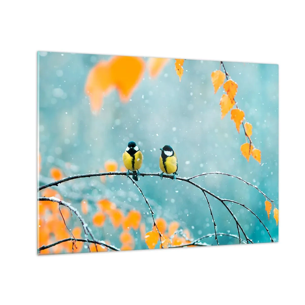Glasbild - Bild auf glas - Zwei Meisen sitzen auf einem Zweig zwischen fallenden Blättern - 70x50cm - Vogelklatsch - Moderne Wanddekoration für Wohnzimmer und Schlafzimmer ARTTOR