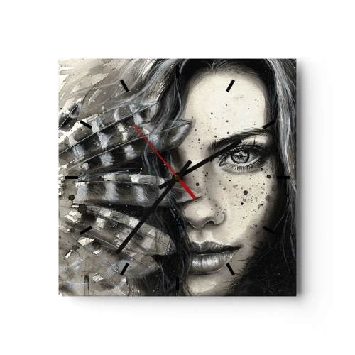Wanduhr - Glasuhr - Künstlerisches Frauenporträt mit abstrakten Details - 30x30cm - Wilde Schönheit - Moderne Wanddekoration für Wohnzimmer und Schlafzimmer ARTTOR