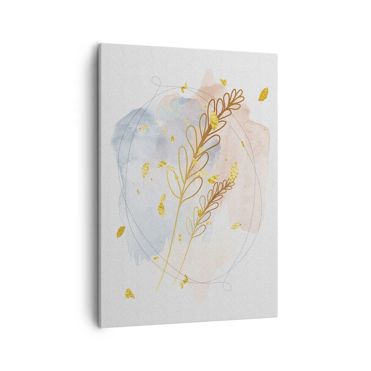Bild auf Leinwand - Leinwandbild - Ein zartes goldenes Blattmotiv auf pastellfarbenem Hintergrund mit Aquarelldetails. - 50x70cm - Goldenr Hauch - Moderne Wanddekoration für Wohnzimmer und Schlafzimmer ARTTOR